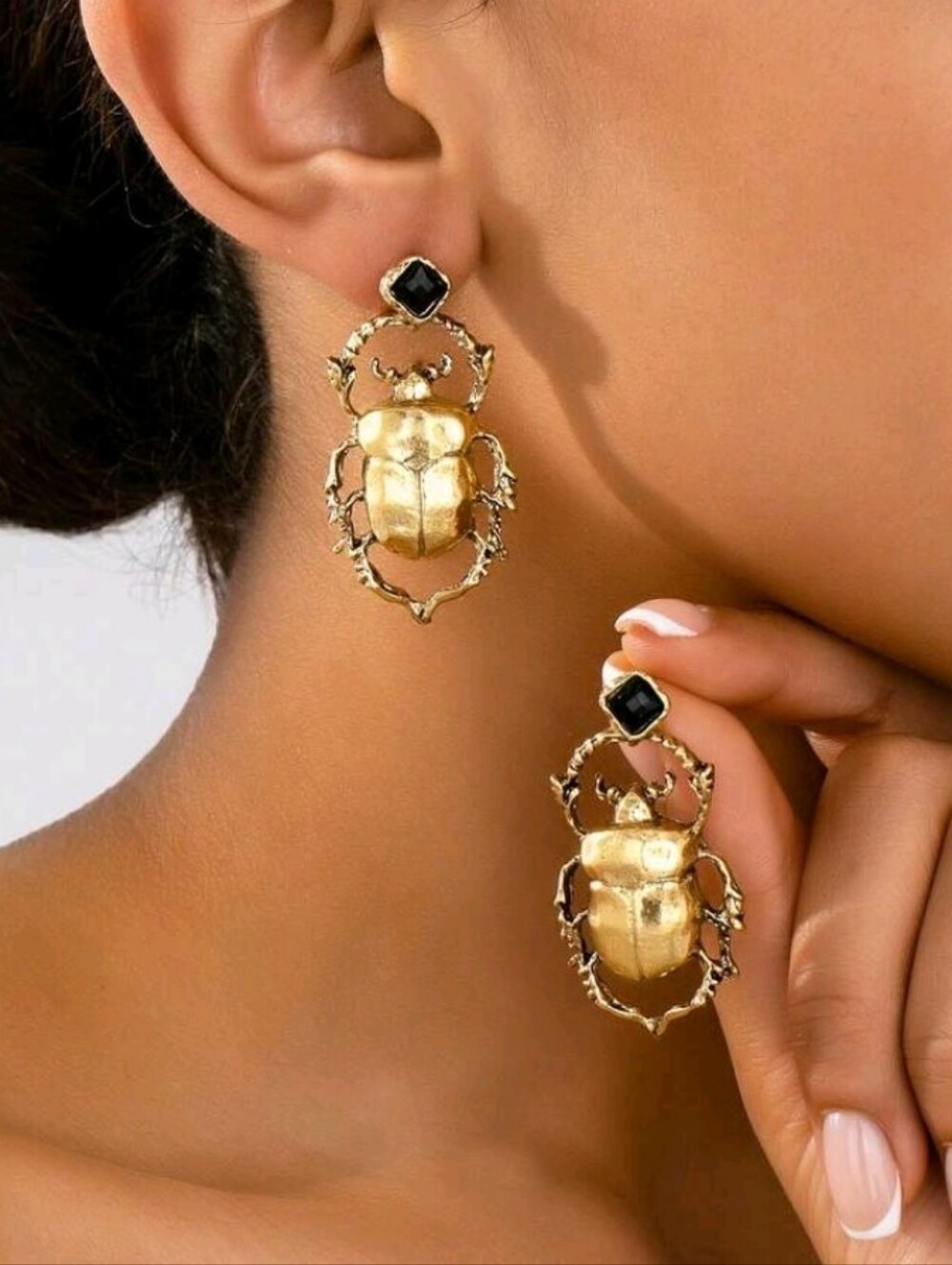 NEW! Gold Retro-Vintage Scarab Beetle Drop Earrings with Black Stone Accent
